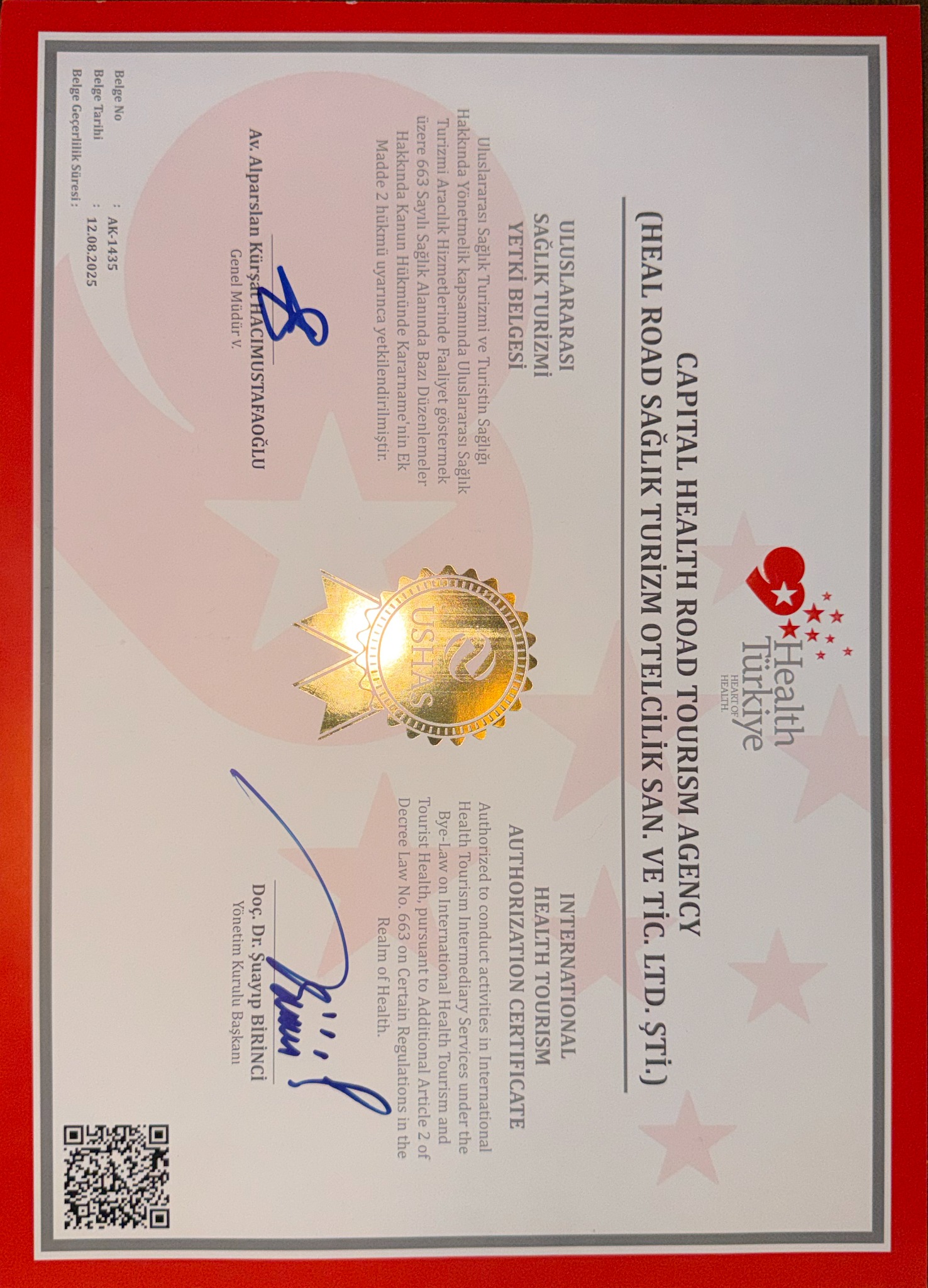 Capital Health Road uluslararası sağlık turizmi yetki belgesi